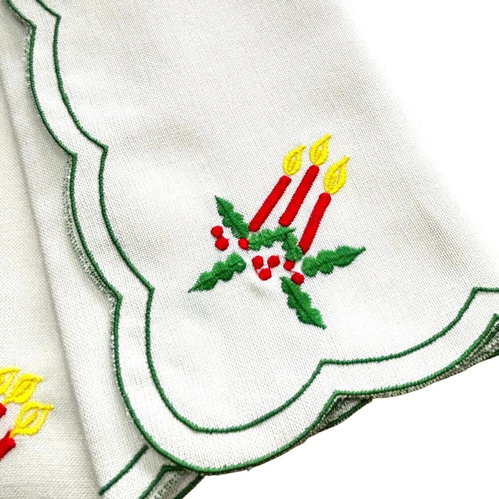 PAIR of Christmas table mats doilies toppers white candle poinsettia embroidery